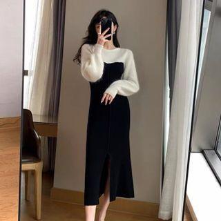 Mock Two-piece Long-sleeve Knit Slit Midi A-line Dress
