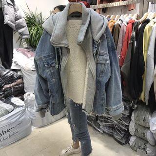 Mock Two-piece Fleece-lined Hooded Zip-up Denim Jacket