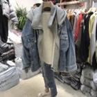 Mock Two-piece Fleece-lined Hooded Zip-up Denim Jacket