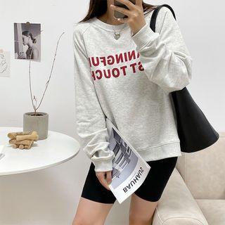 Long-sleeve Round-neck Lettering Sweatshirt Light Gray - One Size