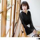 Pleated Long Bell-sleeve V-neck Chiffon Top