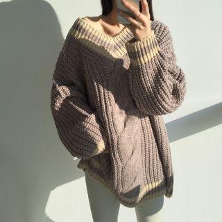 Contrast-trim Cable-knit Sweater One Size