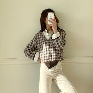 V-neck Check Knit Cardigan