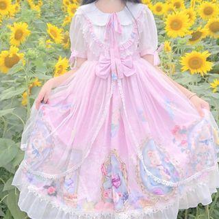 Puff-sleeve Lace Trim Graphic Print Midi A-line Lolita Dress