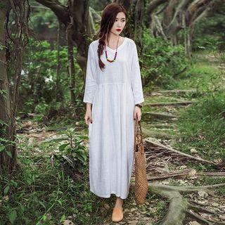 V-neck Long-sleeve A-line Midi Dress