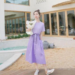 Short-sleeve Mock Two-piece Buttoned A-line Midi Dress