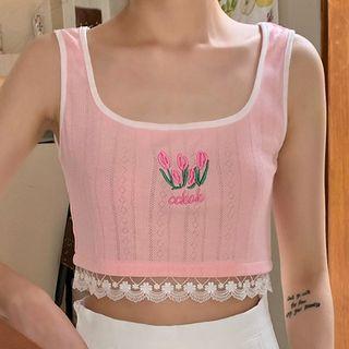 Lace Trim Flower Embroidered Crop Tank Top