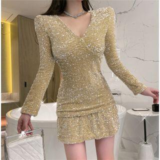 V-neck Sequined Ruffle Hem Mini Bodycon Dress