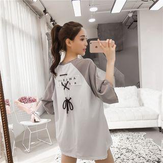 Elbow-sleeve Printed Lace-up Top