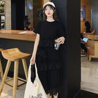 Elbow-sleeve Asymmetric Ruffled Midi T-shirt Dress
