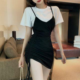 Mock Two-piece Short-sleeve Mini Dress As Shown In Figure - One Size