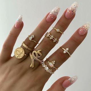 Set Of 9: Rhinestone Snake Ring (assorted Designs) Set Of 9 - As Shown In Figure - One Size