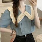 Collared Lace Panel Short Sleeve Blouse