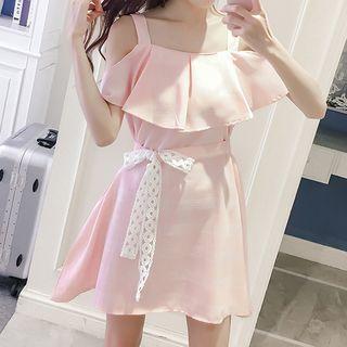 Short-sleeve Cold Shoulder Ribbon A-line Mini Dress