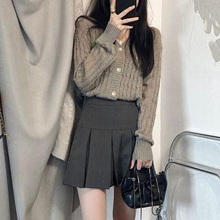 Set: Long-sleeve Cable Knit Cardigan + High-waist Pleated Skirt