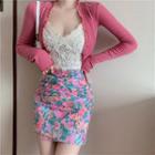 Lace Bralette / Cardigan / Printed Mini Fitted Skirt