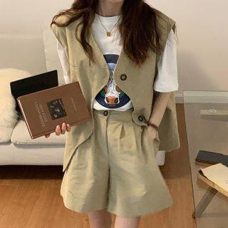 Short-sleeve Printed T-shirt / Single-breasted Vest / Shorts / Set