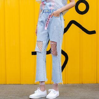 Fishnet Insert Cropped Boot Cut Jeans