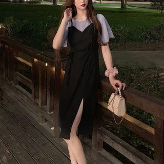 Short-sleeve Mock Two-piece Side-slit Smock Dress