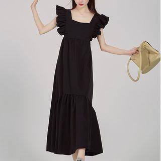 Sleeveless Ruffle Bow Back Midi Smock Dress Black - One Size