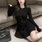 Pleated Crew-neck Knit Mini Dress