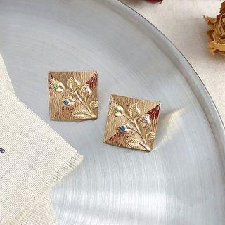 Alloy Embossed Flower Square Earring 01 - Silver Needle Earring - - One Size