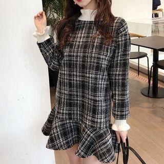 Mock-neck Ruffle Hem Tweed Dress