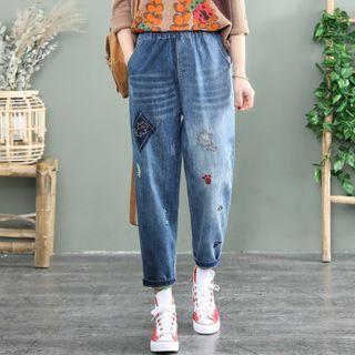 Cat Embroidered Cropped Harem Jeans