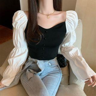 Two Tone Puff-sleeve Knit Top Black - One Size