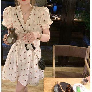 Lace Trim Cherry Print Drawstring Short Sleeve Dress