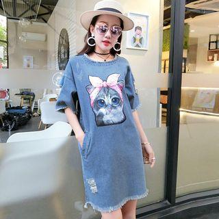Cat Printed Short-sleeve Denim Tank Dress