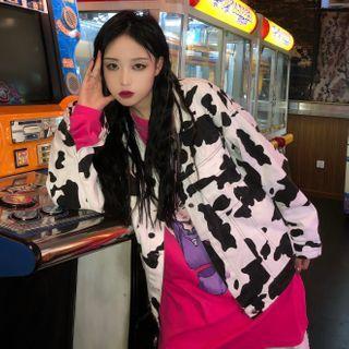 Cow-print Front Pocket Button Denim Jacket