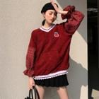 Bell-sleeve Contrast Trim Cherry Embroidered Sweatshirt