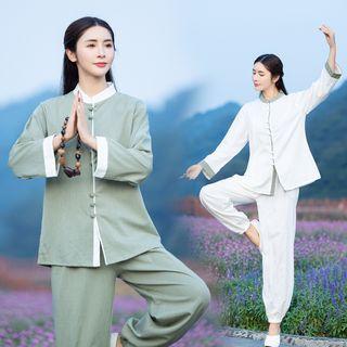 Set: Long-sleeve Frog-button Top + Wide-leg Jogger Pants