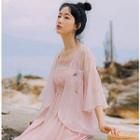 Embroidered Elbow-sleeve Chiffon Light Jacket Pink - One Size