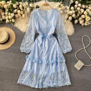 Long-sleeve Glitter Lace Midi A-line Dress
