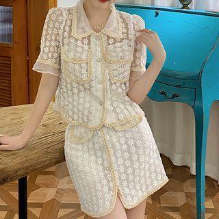 Short-sleeve Mesh Blouse / Mini A-line Skirt / Set