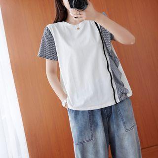 Short-sleeve Plaid Panel Ruffle T-shirt