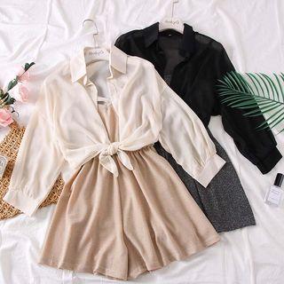 Set: Open-front Chiffon Light Shirt + Glitter Sleeveless Playsuit