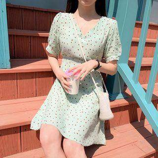 Heart Print Short-sleeve A-line Dress Mint Green - One Size