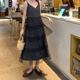 Spaghetti-strap Dotted High Waist Mesh Panel A-line Dress