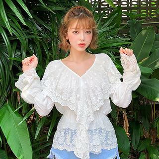 V-neck Capelet Sheer Lace Peplum Top