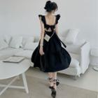 Ruffle Sleeveless Midi A-line Dress Black - One Size