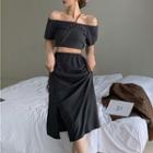 Short-sleeve Off-shoulder Crop Top / Midi Skirt