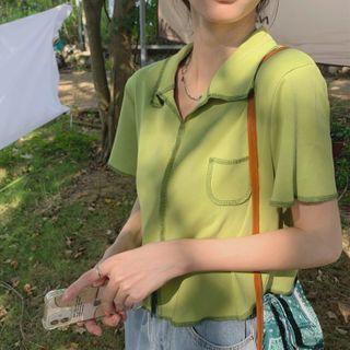 Short-sleeve Contrast Trim Crop Shirt Avocado Green - One Size