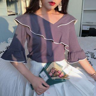 Elbow-sleeve Ruffle V-neck Blouse