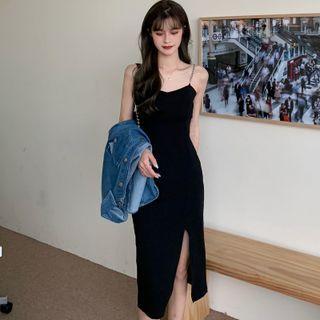 Chain Spaghetti Strap Side-slit Midi Bodycon Dress