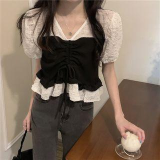 Mock Two-piece Puff-sleeve Drawstring Blouse Black & White - One Size
