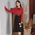 Set: Cable Knit Button-front Sweater + Button-front Skirt