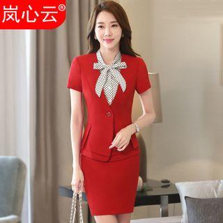 Set: Short-sleeve Blazer + Dress Pants / + Skirt / + Polka Dot Tie-neck Short-sleeve Shirt